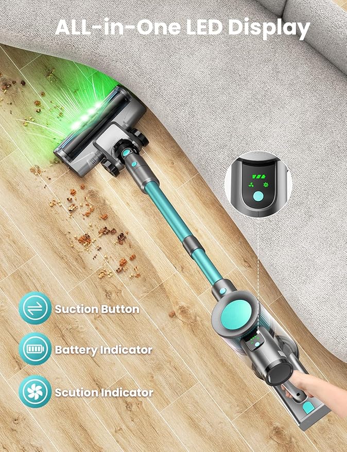 Dzaki Cordless Vacuum Cleaner, Stick Vacuum with Smart LED Display, 50KPA 55Mins Vacuum Cleaners for Home, Powerful Suction, Anti-Tangled Lightweight Rechargeable Vac for Pet Hair, Carpet