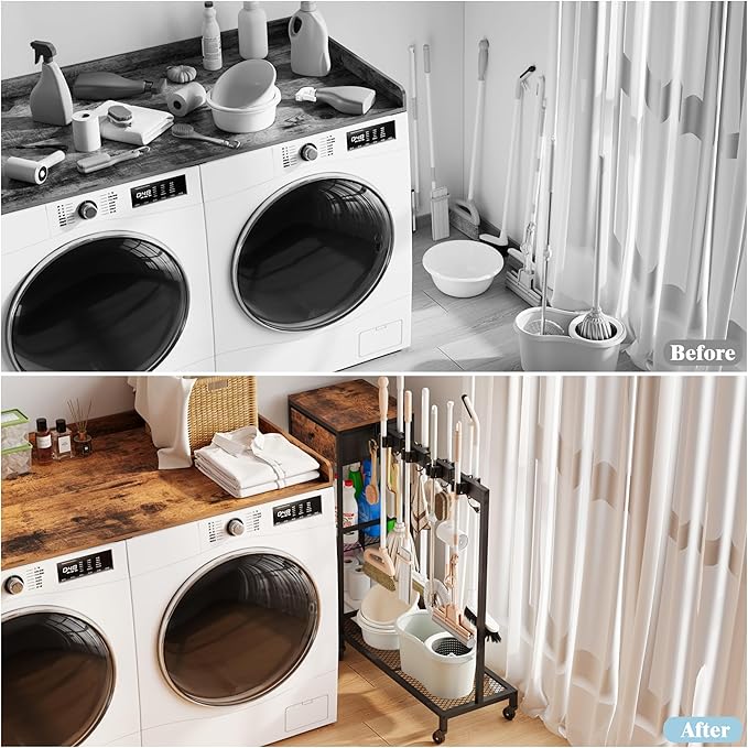 Heavy Duty Metal Cleaning Cart with Wheels,Broom Holder with Cleaning Supplies Organizer,Broom Storage Cart with Mop Hanger Gripper Rack Hooks for Home, Commercial (Rustic Brown, 37.6" L)