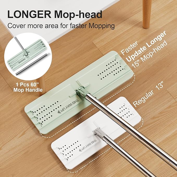 JOYMOOP 8L Large Capacity Flat Mop System (Light Green) with Extension Handle, Ideal for Floor, Window, and Wall Cleaning - Includes 5 Washable Microfiber Pads for Wet and Dry Use