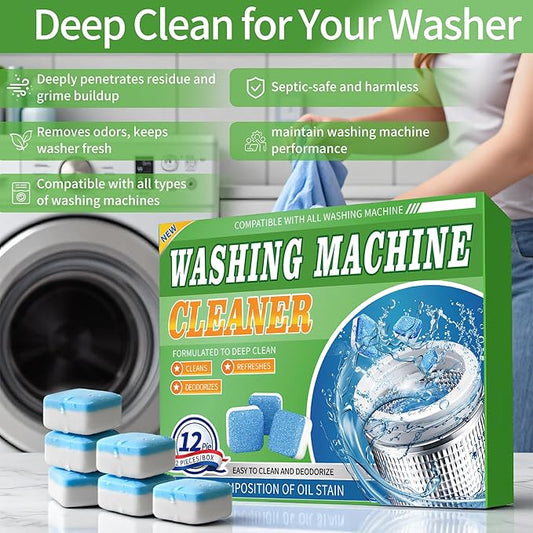 Washing Machine Cleaner Tablets 12 Pack - Deep Cleaning Tablets for HE Front & Top Load Washers, Septic Safe, Eco-Friendly, Removes Residue & Odors