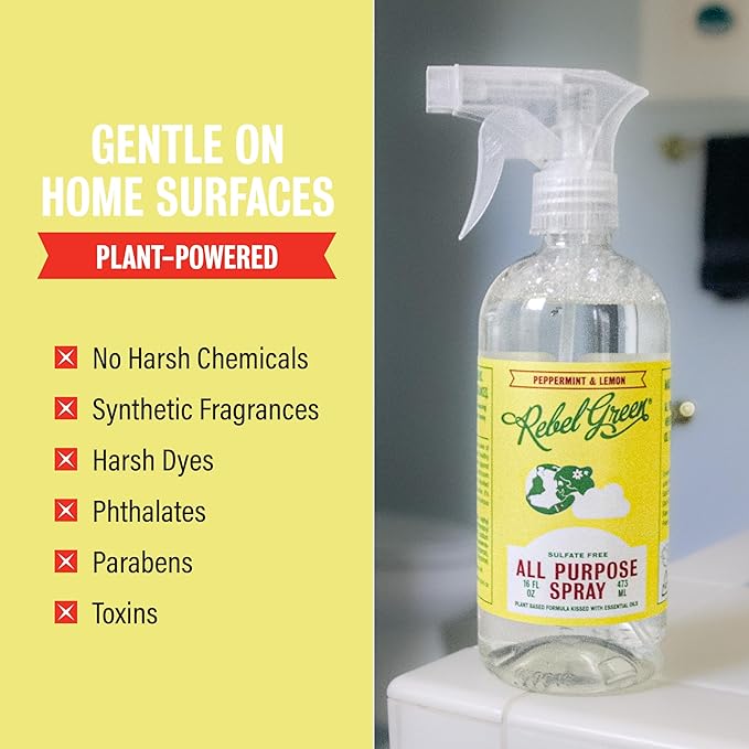Rebel Green Natural All-Purpose Cleaning Spray - Plant-Based Multi-Surface Cleaner with Essential Oils for Kitchen, Bath, Countertops and More - Peppermint & Lemon Scent - 16 oz - 1 Pack