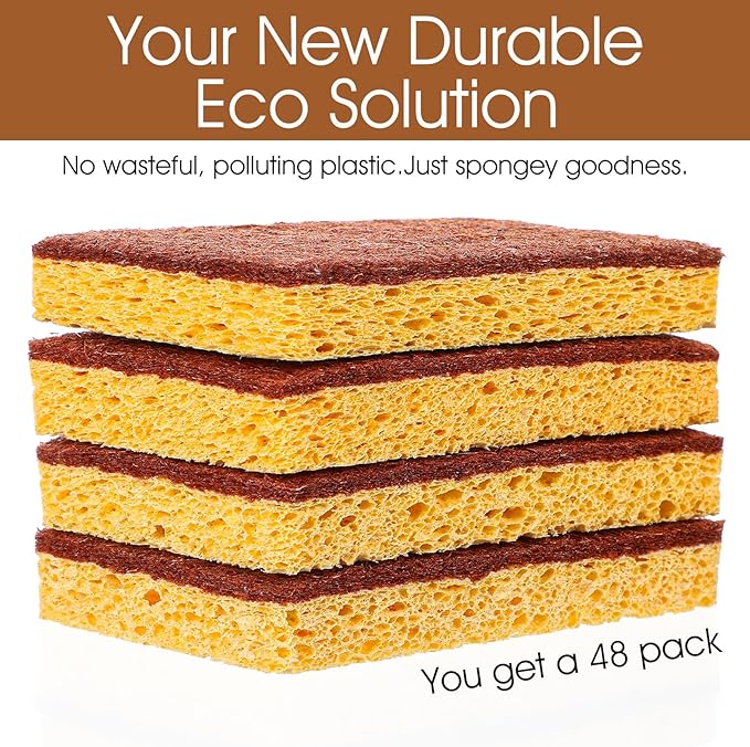 48 Pack Natural Plant Based Scrub Sponge, Palm Fiber Scrubbing Sponge with Non Scratch Compostable Sponges,Long Lasting No Smell Dishwashing Kitchen Scrubber
