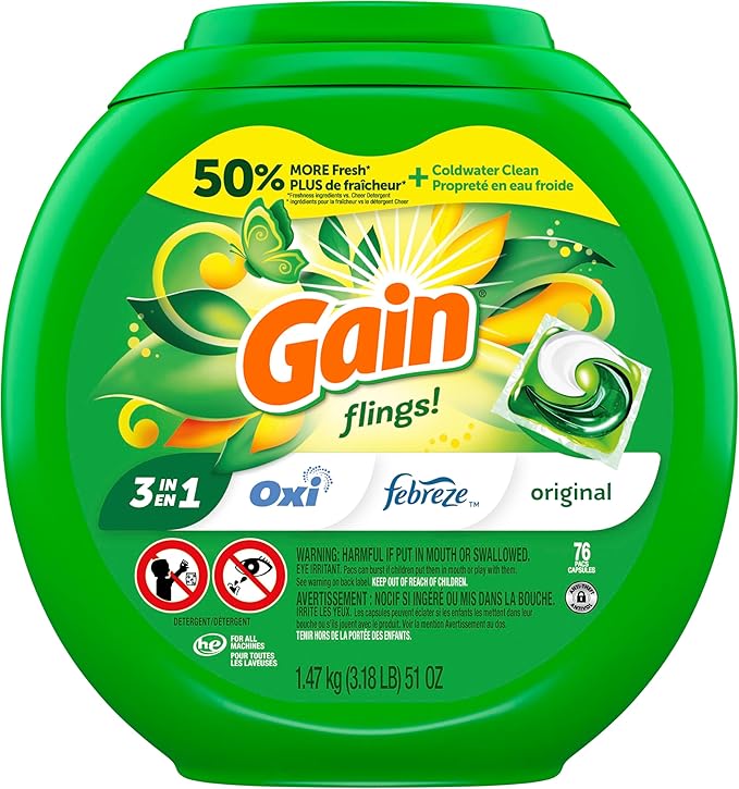 Gain Flings Laundry Detergent Pacs, 76 Count, Original Scent, with Odor Defense, concentrated laundry soap pacs