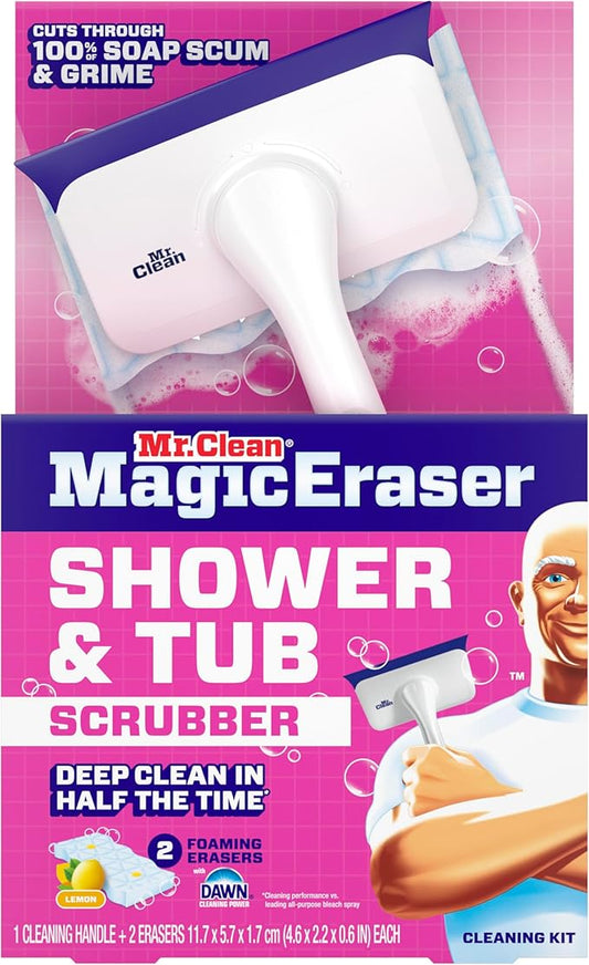 Mr. Clean Magic Eraser Shower & Tub Scrubber, Bathroom Cleaner, All in One Bathroom Cleaner, Lemon Starter Kit, 1 Scrubber & 2 Foaming Magic Erasers