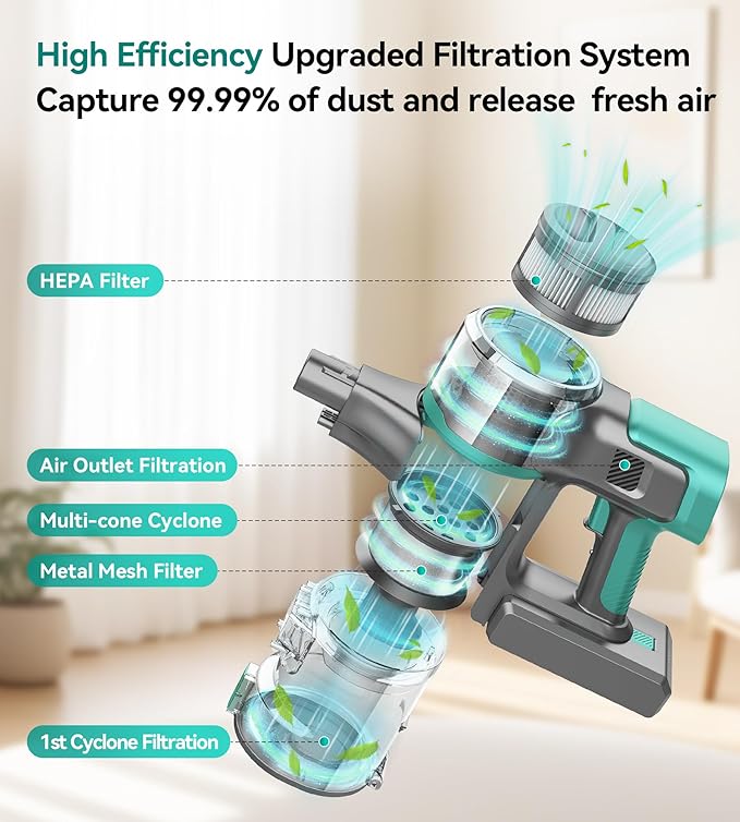 S10K Cordless Vacuum Cleaner, 55Kpa 60mins Lightweight Stick Vacuum with Powerful Suction for Home, Rechargeable, Self-Standing, Handheld Vacuum Cleaners for Hardwood Floors, Carpets, Pet Hair