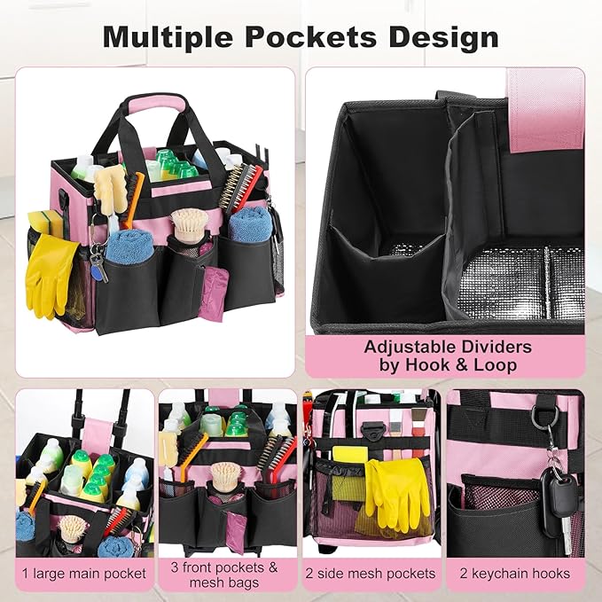 Housolution Rolling Cleaning Caddy Bag with Detachable Trolley, Professional Portable Large Cleaning Bag with Wheels, Home Organiser Wearable Cleaning Supply Bag on Wheels for Housekeepers, Pink