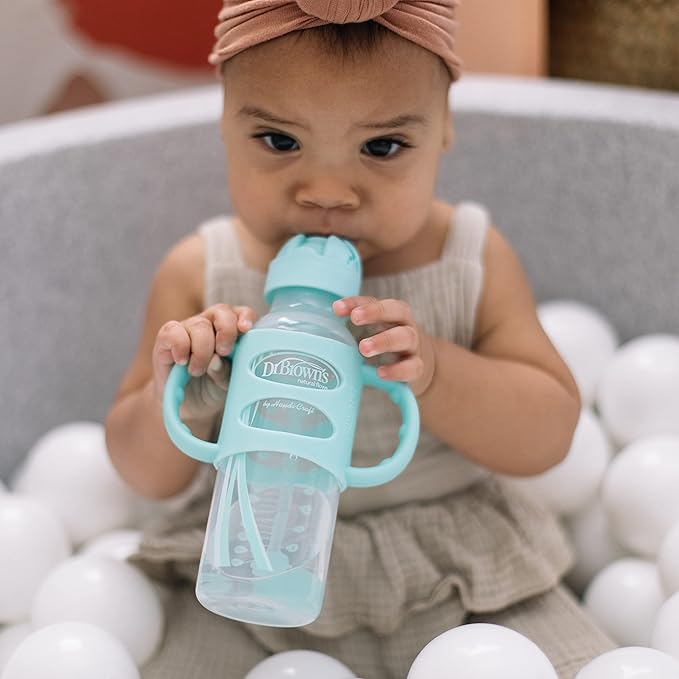 Dr. Brown's Milestones Narrow Sippy Straw Bottle, Spill-Proof with 100% Silicone Handles and Weighted Straw, 8 oz/250 mL, Gray/Green, 6m+