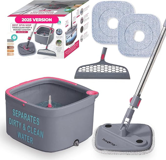 Square Spin Mop & Bucket Smart Floor Mop, Separate Compartments for Clean and Dirty Water, Self Cleaning w/Sweeper Attachment 2025 Upgraded Version w/Side Brush & Self-Standing 360° Rotating Handle