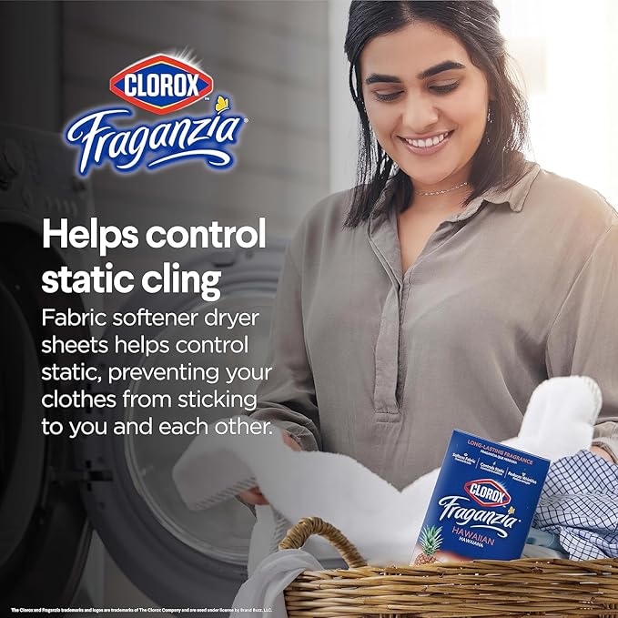Clorox Fraganzia Fabric Softener Dryer Sheets, Hawaiian Scent - Wrinkle Reducing Scented Softening Laundry Dryer Sheets for Great Smelling Clothes, 105 Count - 6 Pack