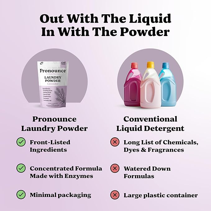 Pronounce Laundry Detergent Powder Alternative | Cleaner Ingredients. Safer for Sensitive Skin. Stain + Smell Fighting. With Essential Oils. HE Safe (Lavender, 120 Loads).