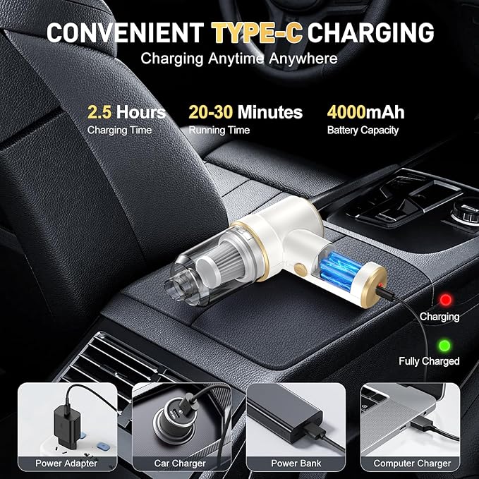 KMM Handheld Car Vacuum Cleaner, 11000PA Vacuum Cleaner & Air Duster, 120W High Power Vacuum Portable Cordless, Hand Held Vacuum Rechargeable with Multi-Nozzles & LED Light for Home, Car, Office