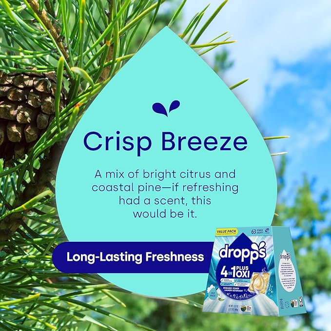 Dropps 4-in-1 Plus Oxi Crisp Breeze Power Biobased Laundry Detergent Pods (63 Pods) - Chlorine-Free Bleach Alternative Biobased Laundry Whitener, Stain & Odor Remover