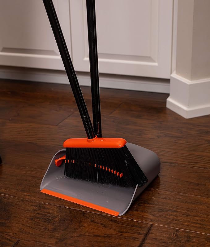 BirdRock Home Broom and Dustpan Set - Lobby Dust Pan - Orange and Grey Durable Set - Indoor or Outdoor - Sweep Combo Great for Kitchen, Home, Garage and Office - Clip On Self Cleaning Bristles