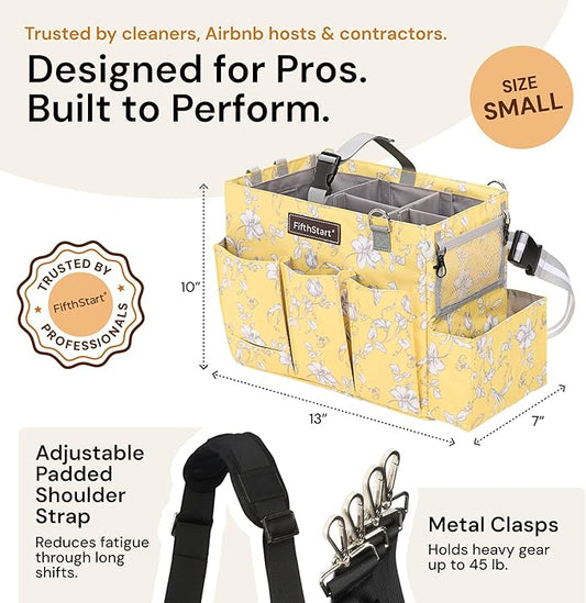 FifthStart Multipurpose Cleaning Caddy with Waist & Shoulder Strap - Diaper Caddy with 9 Pockets, Mesh Base & Adjustable Compartments - Cleaning Supplies Organizer (Yellow Floral, Small)