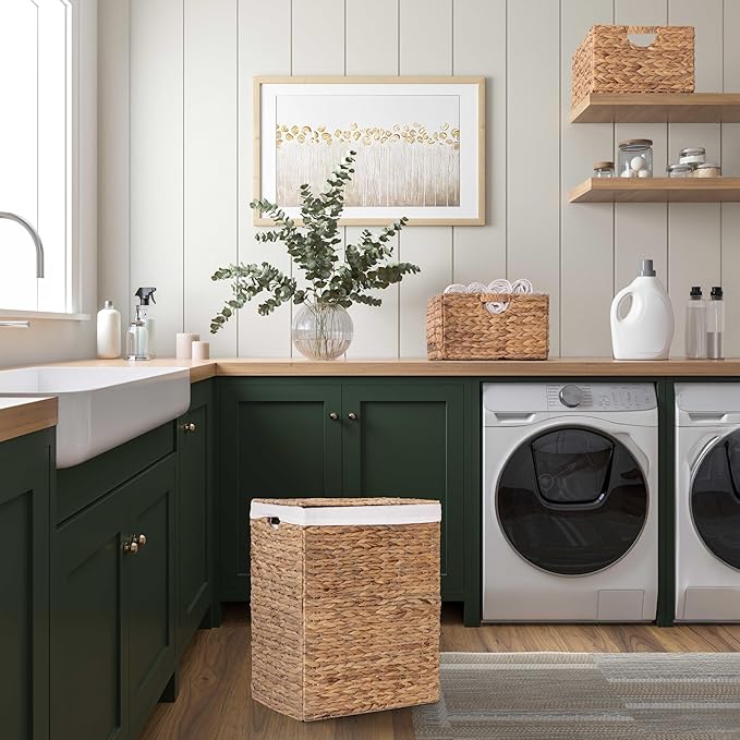 Seville Classics Premium Natural Handwoven Portable Laundry Bin Basket with Carrying Handles, Natural Water Hyacinth, Rectangular, Volume: 2.5 bushels or 3.1 cu. ft, 18.5" W x 12.2" D x 24" H