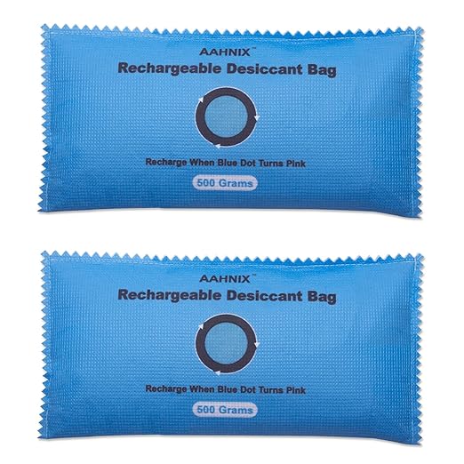 Silica Gel Desiccant Packets, Indicating Moisture Absorbers for Safes, 500g × 2pcs Rechargeable Desiccant Packs for car Bathroom Camper Storage Bins Basement