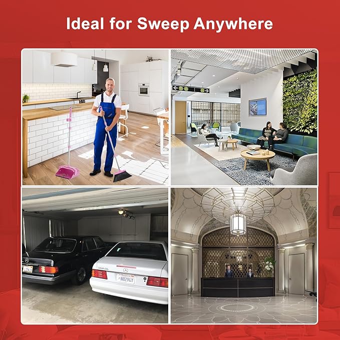 Broom with Dustpan Combo Set, 51'' Broom and Dustpan Set, Brooms and Dust Pan with Handle, Brooms with Standing Dustpans, House Broom for Pets Hair and Floor Cleaning - Pink