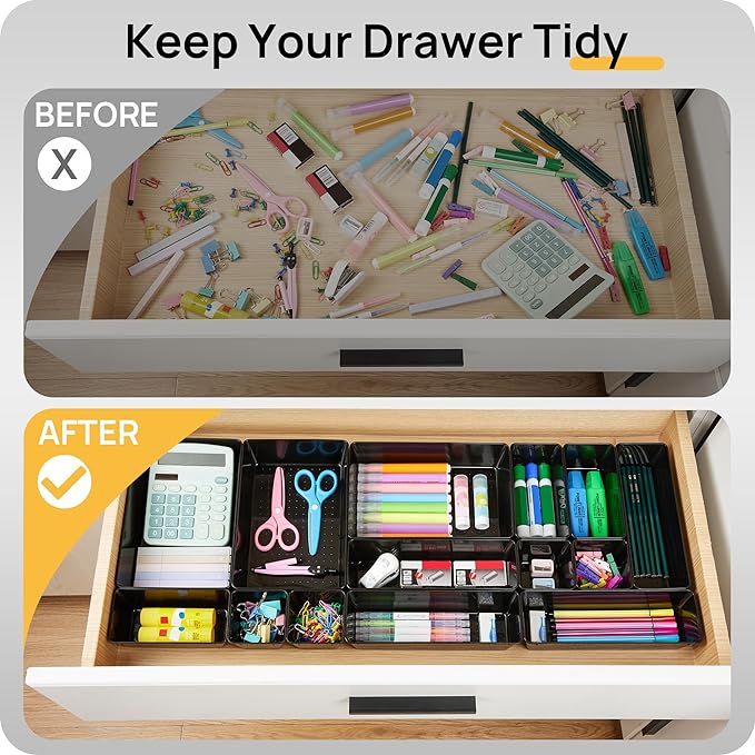 Vtopmart 25 PCS Office Desk Drawer Organizers Set, 4-Size Versatile Plastic Drawer Organizer Trays, Storage Bins for Desk Accessories Office Organizers and Storage, Bathroom, Makeup, Vanity, Black