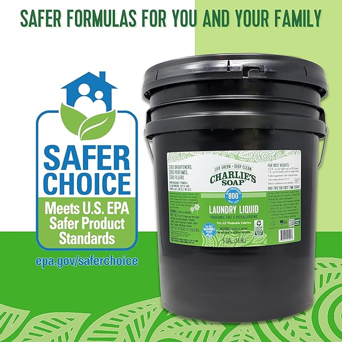 Charlie’s Soap Laundry Liquid Refill (800 Loads, 5 Gallon - 640 Fl Oz) Natural Deep Cleaning Hypoallergenic Laundry Detergent – Biodegradable Eco Friendly Sustainable Laundry Liquid