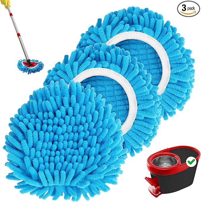 Baderke 3 Pack Chenille Mop Heads Replacements Compatible with 1 Tank System Chenille Duster Replacement Heads Microfiber Spin Mop Refill Pads Reusable Dust Refills for Floor Cleaning (Blue)