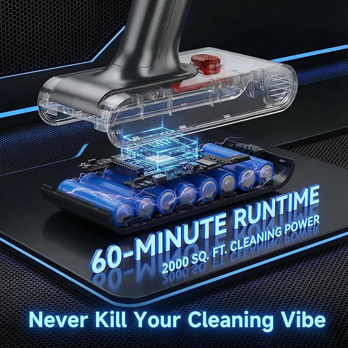 Cordless Vacuum Cleaner, 550W 48kPa 60 Mins Runtime Vacuum Cleaners for Home, Stick Vacuum with Intelligent Display, Rechargeable Battery and Anti-Tangle Brush, Perfect for Pet Hair/Carpet/Floors