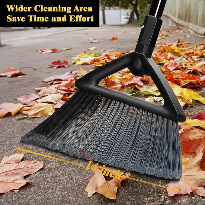 Heavy Duty Broom Outdoor and Indoor, 2 Pack Commercial Angle Brooms with Longer Handle, Perfect Black Broom for Garage, Kitchen, Courtyard, Restaurant