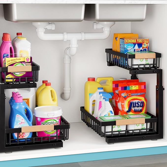 1 Packs 2 Tier Pull Out Cabinet Organizer Storage Shelf, Sliding Under Sink Organizers, Metal Drawer for Kitchen, Bathroom, Pantry Closet Organization Rack,Black