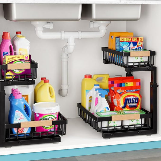 1 Packs 2 Tier Pull Out Cabinet Organizer Storage Shelf, Sliding Under Sink Organizers, Metal Drawer for Kitchen, Bathroom, Pantry Closet Organization Rack,Black