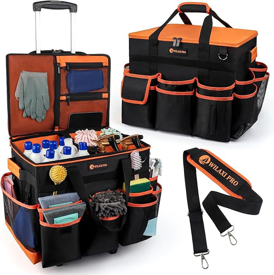 WILAXI PRO Large Rolling Cleaning Caddy with Wheels and Detachable Trolley, Extra Large Water-Resistant Cleaning Cart for Housekeepers, Cleaning Supplies Organizer with Multi-Pockets Tools Storage