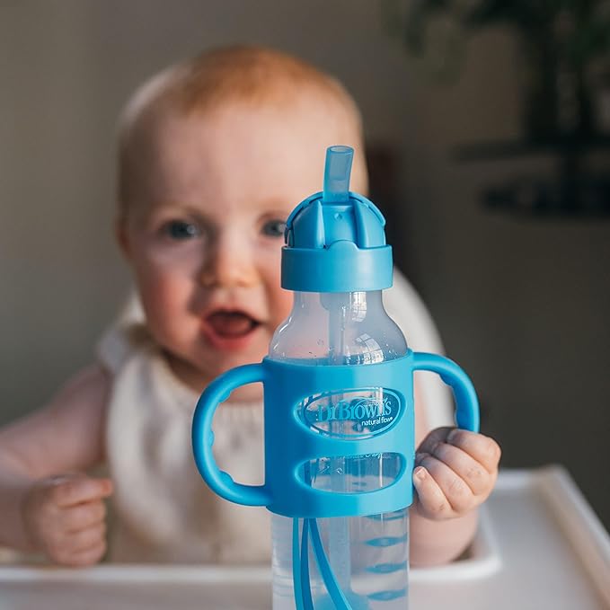 Dr. Brown's Milestones Narrow Sippy Straw Bottle, Spill-Proof with 100% Silicone Handles and Weighted Straw, 8 oz/250 mL, Blue/Gray, 6m+
