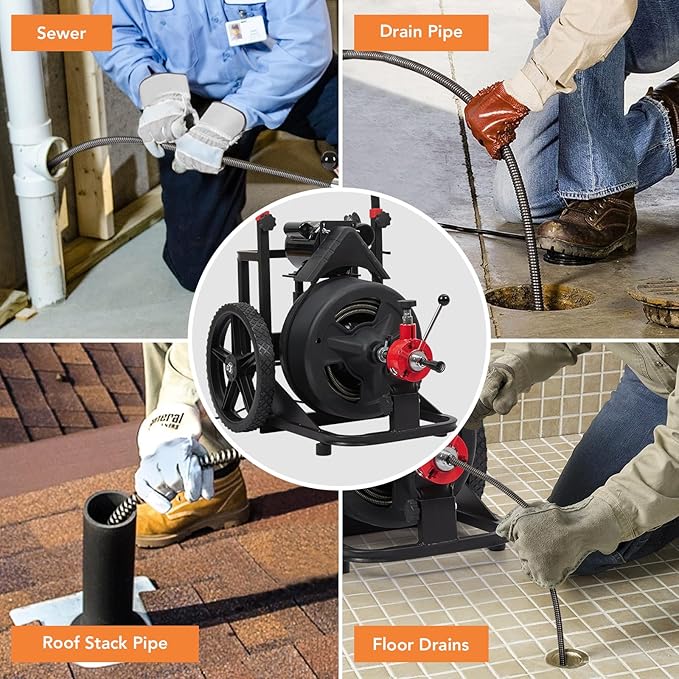 100 FT x 1/2 Inch Drain Cleaner Machine, Auto-feed Electric Sewer Snake, Heavy-duty Drain Auger with 6 Cutter & Air-activated Foot Switch for 1" to 4" Pipes