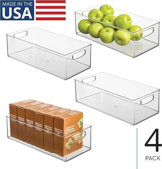 Plastic Stackable Pantry Bin - Organizer Bin with Handles for Cabinets or Fridge - Set of 4 - Clear