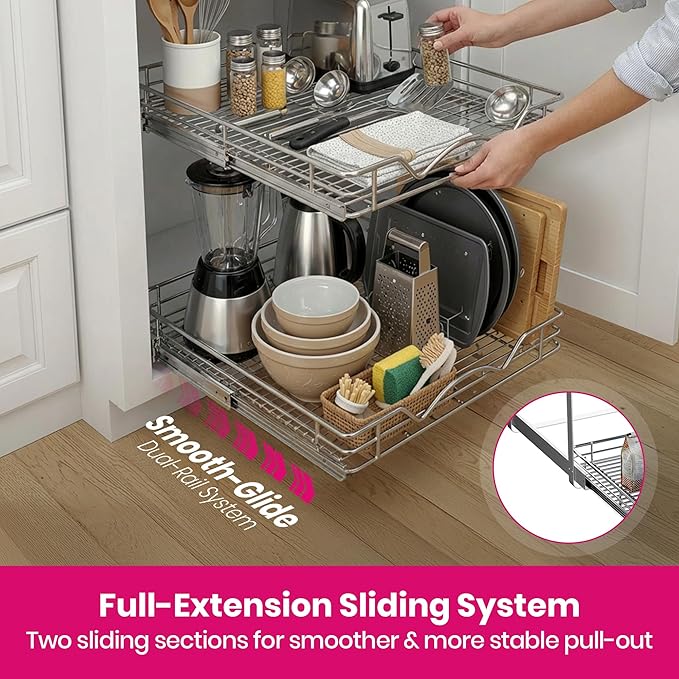 HOLDN’ STORAGE Two Tier Pull Out Cabinet Organizer, Individual Sliding Drawers - Heavy Duty Metal with Lifetime Limited Warranty - Anti Rust Chrome Finish - 11" W x 21”D x 16.5" H