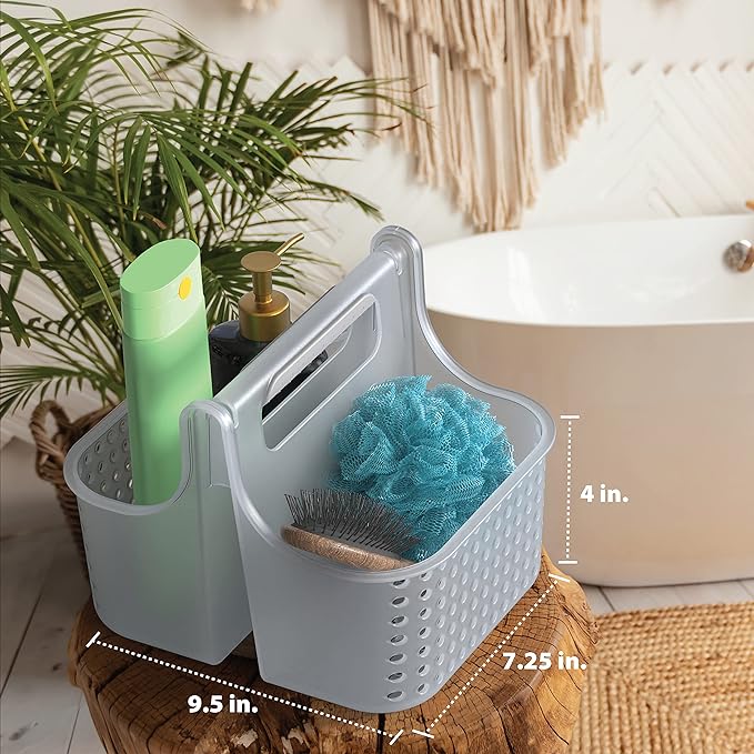 Brookstone Modern Large Portable Shower Caddy with Soft Silicone Carrying Handle, Bathroom Organizer Basket, Plastic Bath Tote and Shower Organizer, Quick Dry Drainage Holes, BPA Free, Clear