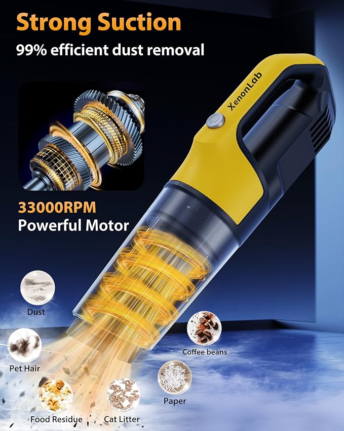 Handheld Vacuum Cordless 1.1 Pounds Car Vac 10000PA Hand Held Vacuums 4-in-1 Hand Vac Cordless Rechargeable HEPA Filter Large Capacity Dust Cup for Car Office Home Pets Hair (Butter Yellow)