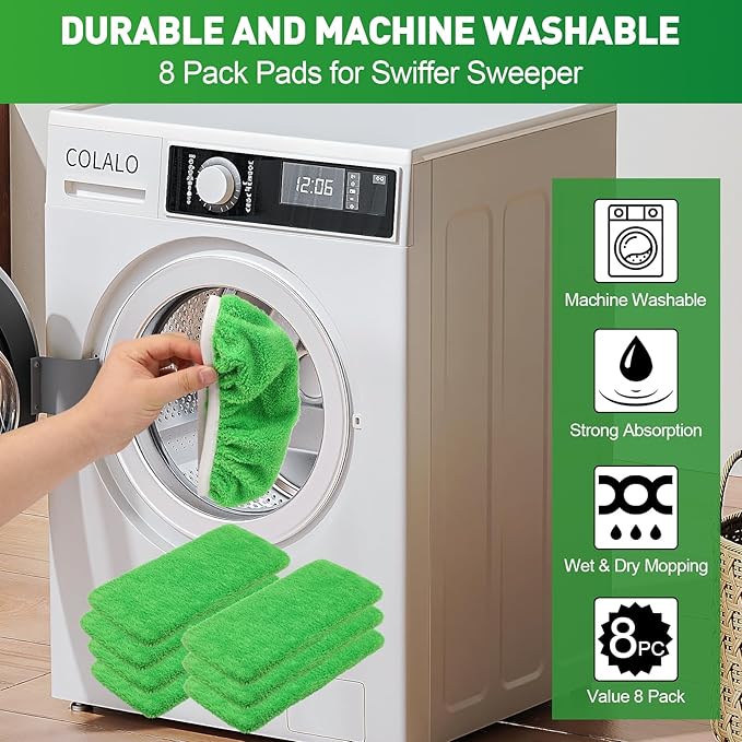8 Pack Reusable Microfiber Mop Pads Replacement Compatible with Swiffer Sweeper, Machine Washable Mop Pads Refills for Wet & Dry Floor Cleaning, Mopping Cloths Fits Hardwood, Marble, Tile & Laminate