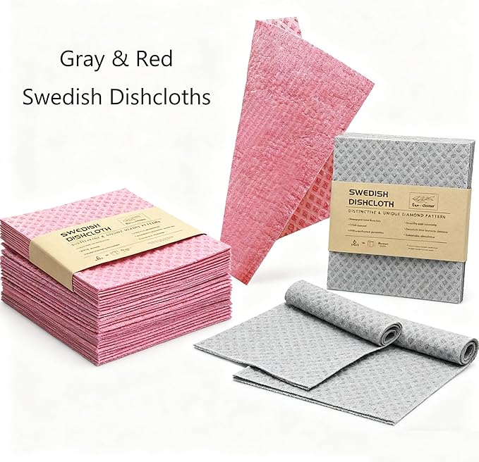 Eco-Smart Kitchen Cleaning 25-Pack Set, 6 Gray & 6 Red Swedish Dishcloths, 6 Light-Brown & 6 Coconut Scrubber Sponges, A Wall-Mount Mesh Storage Bag Reusable, Biodegradable, Paper-Towel Replacement