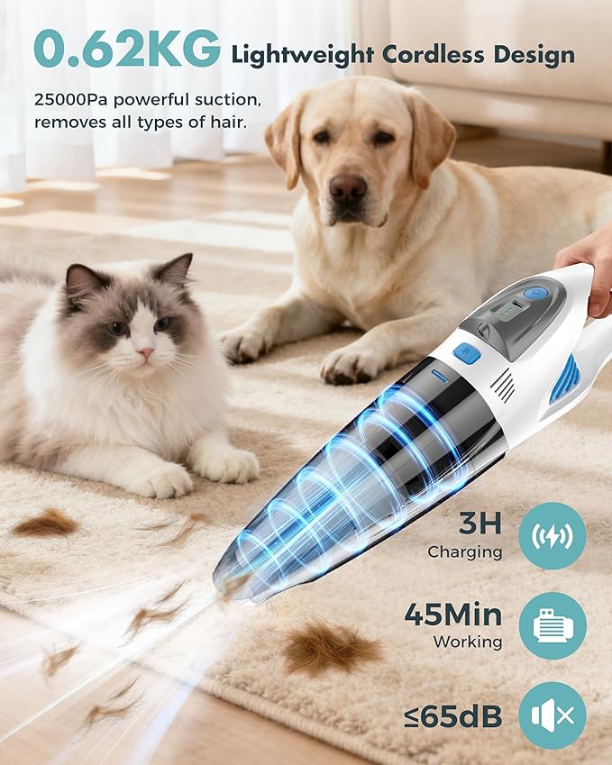 Handheld Vacuum Cordless 25000PA Powerful Suction, Portable Car Vacuum, 3 in 1 Hand Held Vacuum Rechargeable 8000mAh with LED Light, HEPA Filter, Home, Car Seats, Office, Pet Hair Blue+White