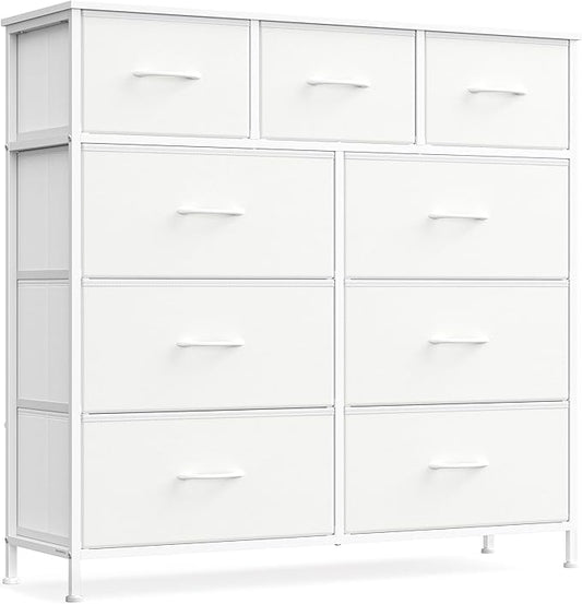 SONGMICS Dresser for Bedroom, Chest of Drawers, Steel, MDF, 9 Non-Woven Fabric Drawers, Storage Organizer Unit, Closet, Entryway, Cloud White and Snow White LGS324W01S
