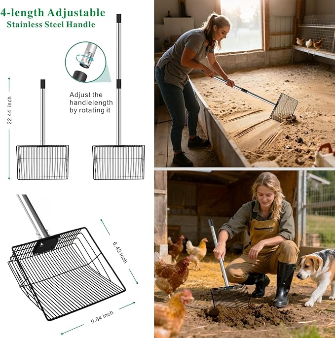 11.61" Chicken Poop Scooper & Rake 2-in-1+ 9.84" Pooper Scoopers, 25" to 67" Large Metal Litter Scoop with Adjustable Stainless Steel Handle for Farm Sifting Coops Cleaning Chicken Litter Pet Waste