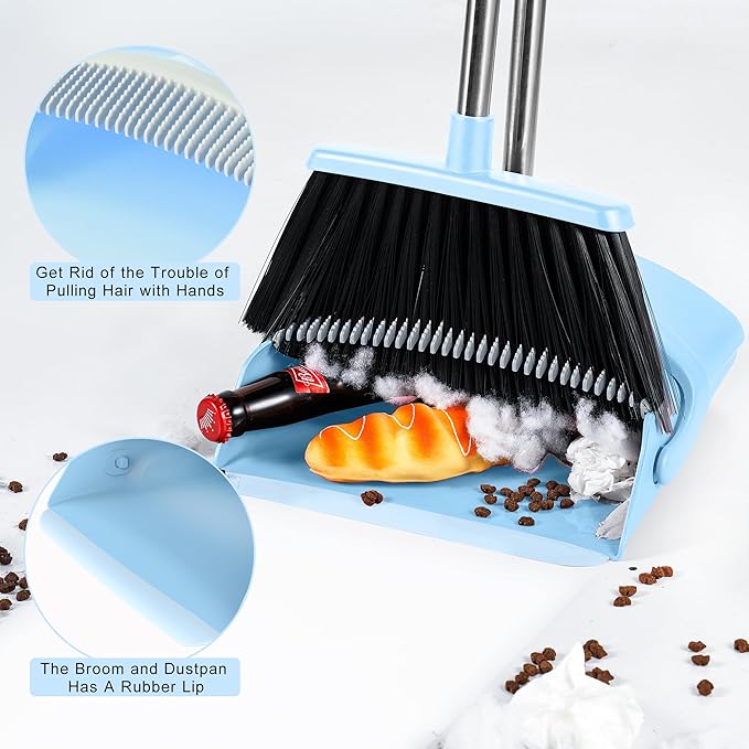 Broom and Dustpan Set, 52-in Handle Broom Dustpan Combo Set with Dustpan Teeth to Clean Pet Hair Suitable for Home Kitchen Office Garden Garage(Blue)