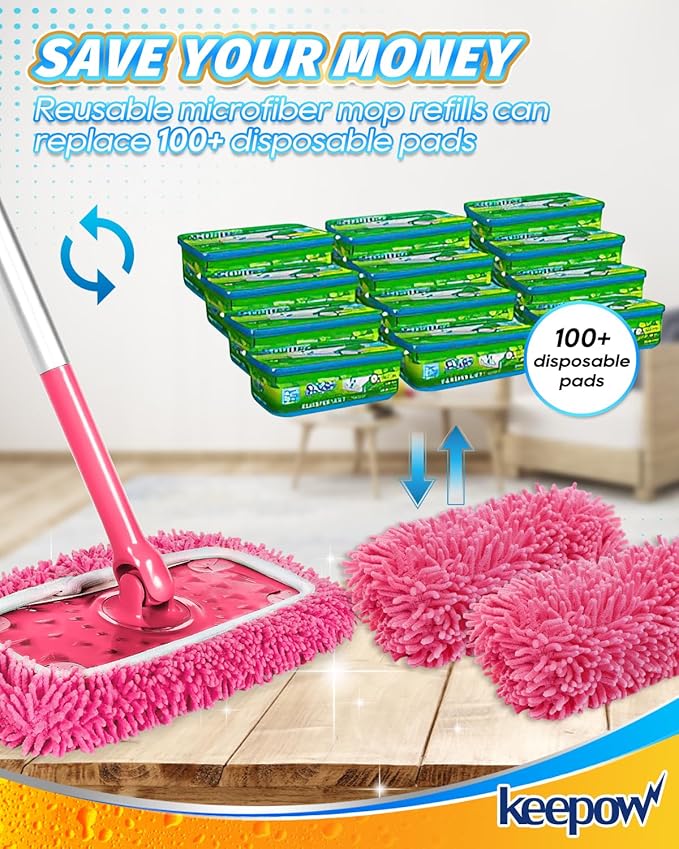 KEEPOW Pink Reusable Dry Sweeping Cloths Microfiber Wet Mop Pads Compatible with Swiffer Sweeper Mop Replacement Sweeping Mopping pad Refills for Hardwood Surface Floor Cleaning (6PCS)
