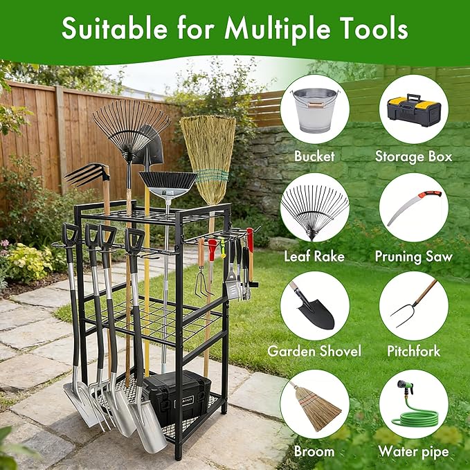 Garden Tool Organizer - 70-Hole Garage Storage Rack with Adjustable Feet & T-Handle Hooks, Broom/Mop Holder for Yard, Shed, Multi-Scene Use, No-Tool Assembly，Rack for Garage Organization Black