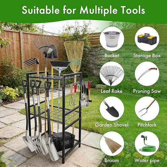 Garden Tool Organizer - 70-Hole Garage Storage Rack with Adjustable Feet & T-Handle Hooks, Broom/Mop Holder for Yard, Shed, Multi-Scene Use, No-Tool Assembly，Rack for Garage Organization Black