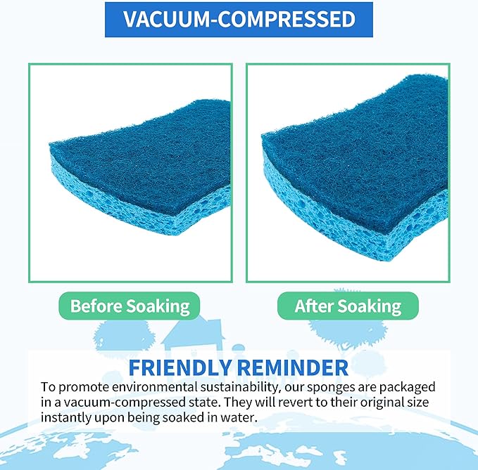 HOMERHYME Non-Scratch Cellulose Scrub Sponges 24 Pack, Kitchen Sponge with Double-Side & Ergonomic Design. Sturdy Sponge for Dishes, Coated Cookware, Sink, Countertops.