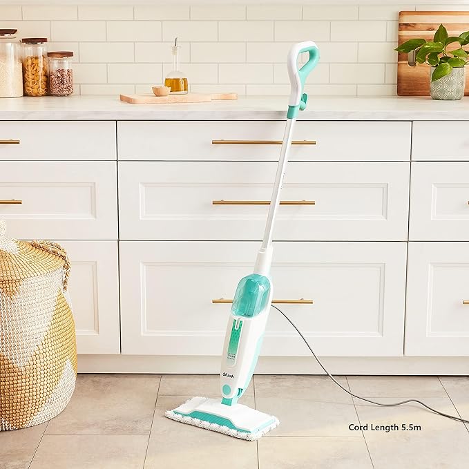 Shark Steam Mop with 2 Machine Washable Dirt Grip Pads, Removable Water Tank, Lightweight, Steam Cleaner for sealed Hard Floors, Marble, Stone, Hardwood, Tile, Laminate, White/Seafoam, S1000