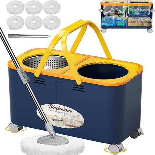 Gen 1 Compact Spin Mop and Bucket with 360° Swivel Wheels, 2026 Upgraded Design for Small Spaces, Clean & Dirty Water System, Wet & Dry Mop, 61" Handle, 6 Reusable Heads-Blue/Yellow