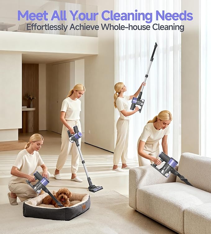 N17 Cordless Vacuum Cleaner, Upgraded Lightweight Stick Vacuum for Home, Max 45mins Runtime, Powerful Suction, Self-Standing, Anti-Tangle, Rechargeable Vacuum for Hard Floors Carpets Pet Hair