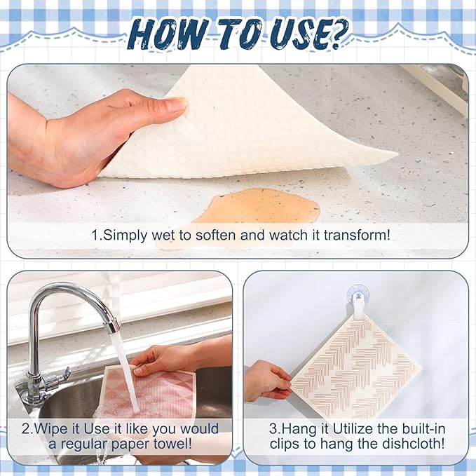 6 Pcs Swedish Towel for Kitchen 8 x 7 Inch Reusable Paper Towels with 4 Adhesive Hooks Swedish Absorbent Dish Towels Fast Drying Washable Cleaning Cloths No Odor Decorative Dishcloth for Kitchen