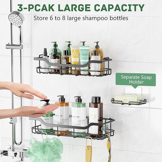 OMAIRA 3-Pack Shower Caddy with Soap Holder, Adhesive Rustproof No-drill Strudy Loading Inside Shower Organizer Shelves Rack Storage Bathroom Organization for Smooth Wall Glass Tile (Large)